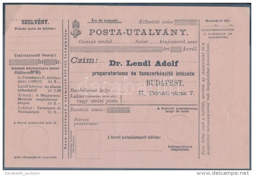 1898-1899 Posta-utalv&aacute;ny Dr. Lendl Adolf Orvos-&iacute;r&oacute; Nev&eacute;re Ki&aacute;ll&iacute;tva - Sin Clasificación