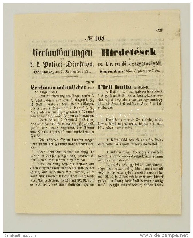 1854 Sopron, Hirdet&eacute;sek Cs. Kir. RendÅ‘r Igazgat&oacute;s&aacute;gt&oacute;l, Benne... - Sin Clasificación