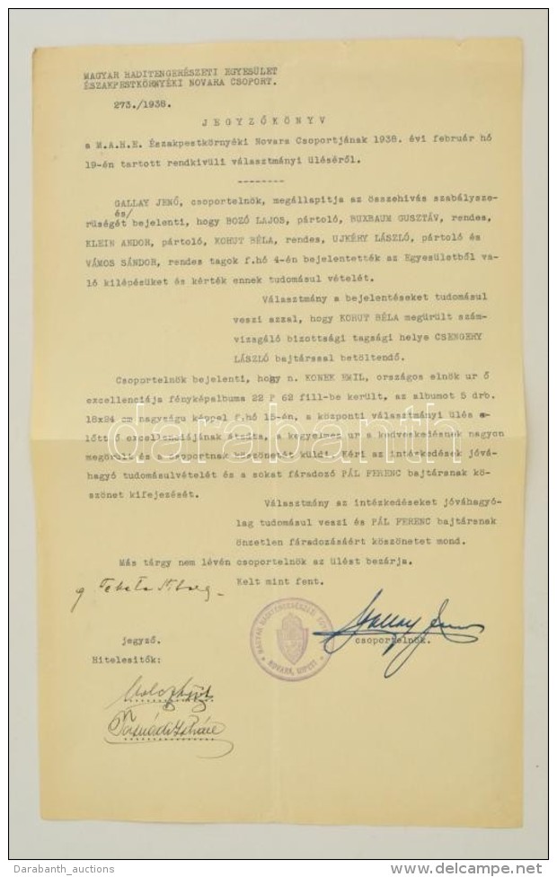 1938 Magyar Haditenger&eacute;szeti Egyes&uuml;let Novara Csoportja &uuml;l&eacute;s&eacute;nek JegyzÅ‘k&ouml;nyve - Autres & Non Classés