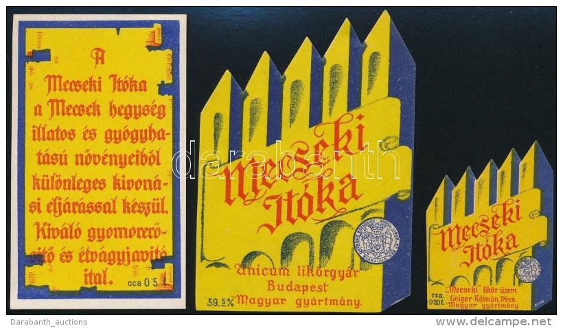 Cca 1938 Mecseki It&oacute;ka Italc&iacute;mke, 3 Db, Unicum LikÅ‘rgy&aacute;r, Geiger K&aacute;lm&aacute;n, 5,5x4... - Advertising