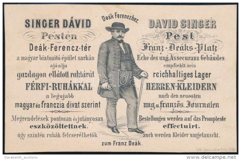 1866 Budapest V. De&aacute;k Ferenchez C&iacute;mzett F&eacute;rfi Ruhabolt Singer D&aacute;vid, De&aacute;kot... - Advertising