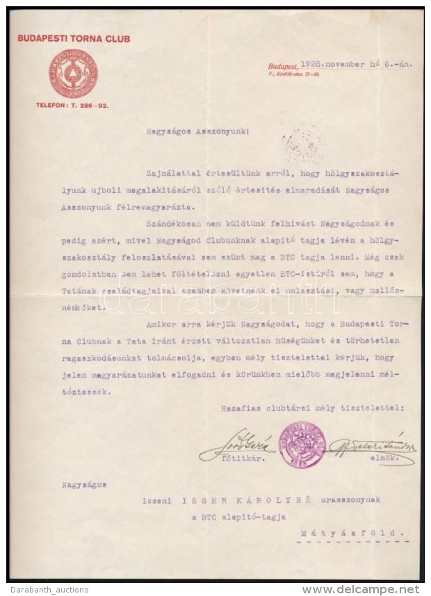 1928 A Budapesti Torna Club VezetÅ‘s&eacute;g&eacute;nek Bocs&aacute;natk&eacute;rÅ‘ Levele Iszeni Iszer... - Unclassified