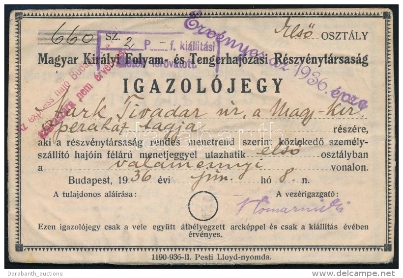 1936 Magyar Kir. Folyam &eacute;s Tengerhaj&oacute;z&aacute;si V&Aacute;llalat F&eacute;nyk&eacute;pes... - Unclassified