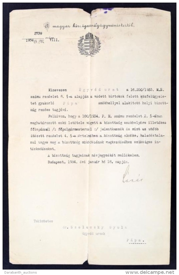 1934 Kinevez&eacute;s L&aacute;z&aacute;r Andor Igazs&aacute;g&uuml;gyminiszter Saj&aacute;t KezÅ±... - Unclassified