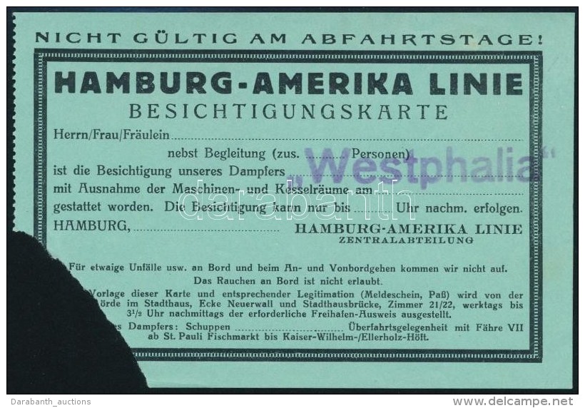 Cca 1930 A Hamburg Amerika Linie Westphalia Haj&oacute;j&aacute;ra Sz&oacute;l&oacute; Jegy - Unclassified