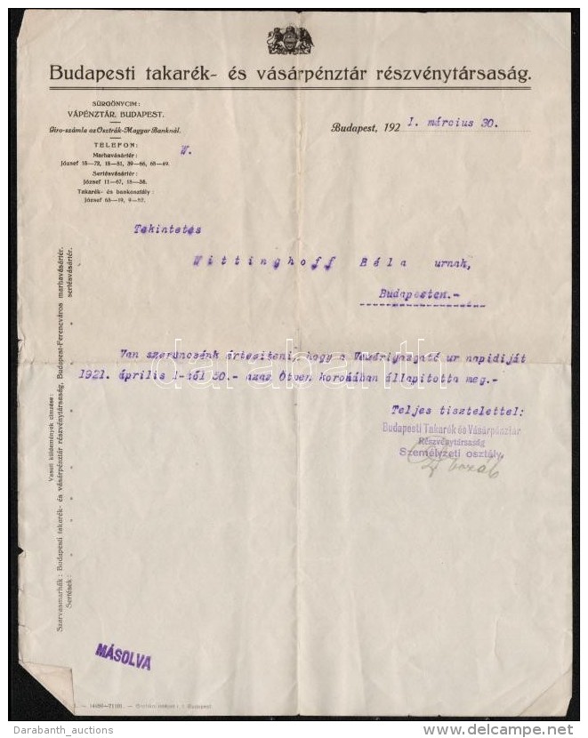 1921-1925 Budapesti Takar&eacute;k- &eacute;s V&aacute;s&aacute;rp&eacute;nzt&aacute;r Rt. Szem&eacute;lyzeti... - Non Classificati