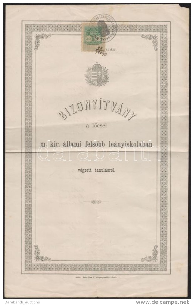 1903 A LÅ‘csei Le&aacute;nyiskola D&iacute;szes Bizony&iacute;tv&aacute;nya. - Unclassified