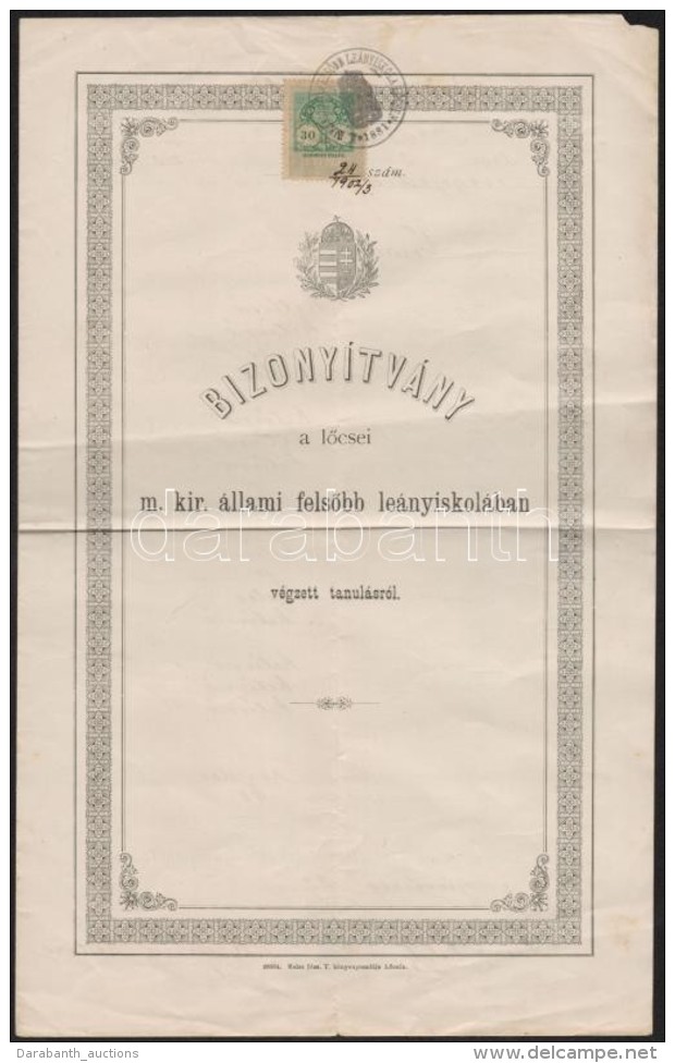 1903 A LÅ‘csei Le&aacute;nyiskola D&iacute;szes Bizony&iacute;tv&aacute;nya. - Sin Clasificación