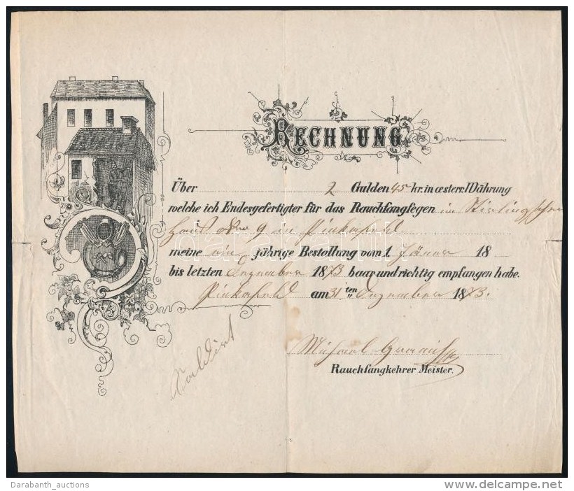 1873 PinkafÅ‘ D&iacute;szes K&eacute;m&eacute;nyseprÅ‘ Sz&aacute;mla / Chimneysweep Invoice Pinkafeld - Unclassified
