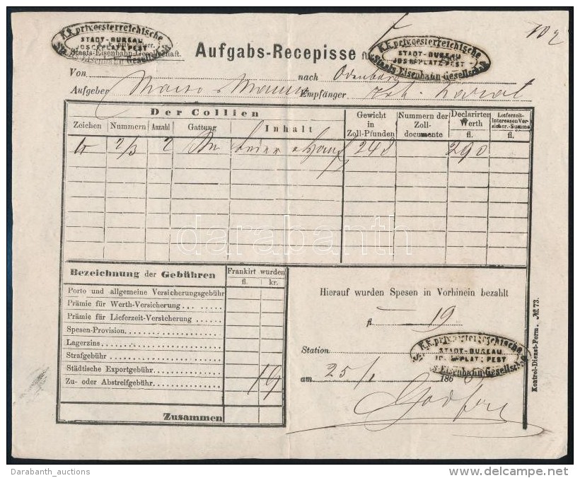 1866 Pest, Aufgabs-Recepisse, N&eacute;met NyelvÅ± Felad&oacute;vev&eacute;ny - Sin Clasificación