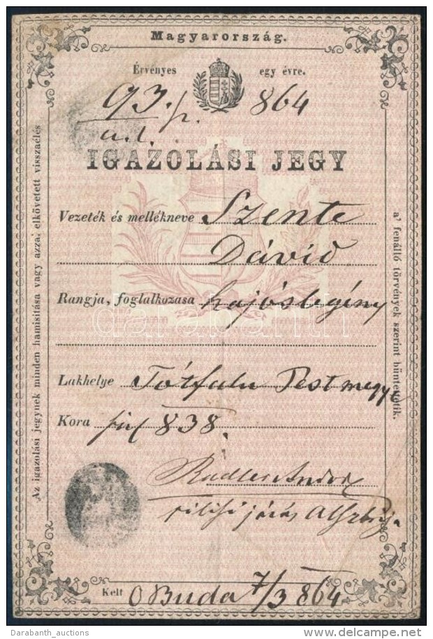 1864 Igazol&aacute;si Jegy Haj&oacute;sleg&eacute;ny R&eacute;sz&eacute;re - Unclassified