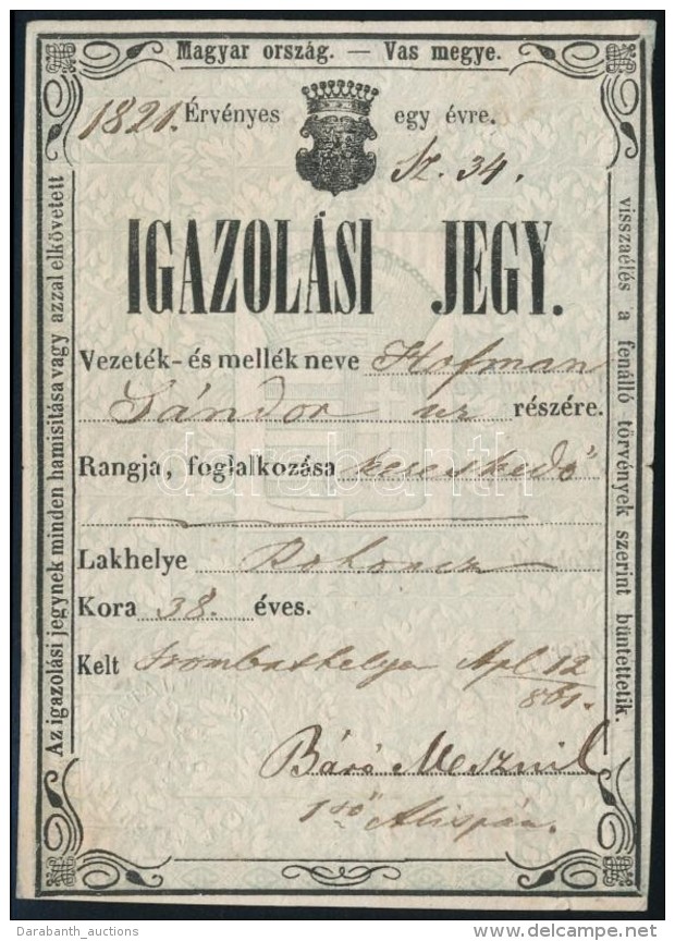 1861 Igazol&aacute;si Jegy Rohonci KereskedÅ‘ R&eacute;sz&eacute;re / German-Hungarian ID For Reichnitz Trader - Unclassified