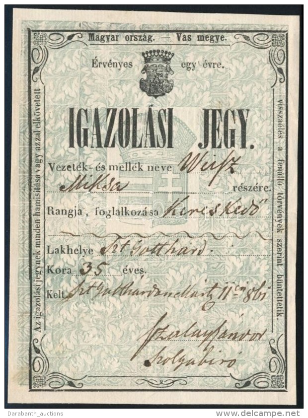 1861 Igazol&aacute;si Jegy Szentgotth&aacute;rdi KereskedÅ‘ R&eacute;sz&eacute;re - Unclassified