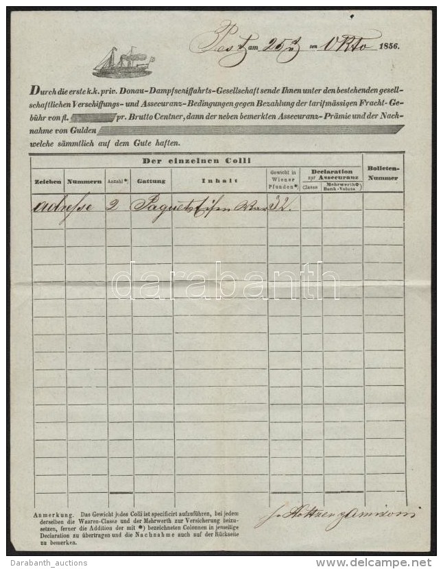 1856 DDSG Fuvarlev&eacute;l / Bill Of Lading Pest-Dunavecse - Unclassified