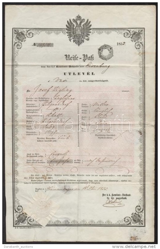 1853 &Uacute;tlev&eacute;l Sok Pecs&eacute;ttel / Passport For Burgenland Citizen - Unclassified