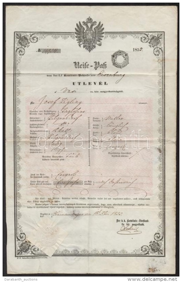 1853 &Uacute;tlev&eacute;l Sok Pecs&eacute;ttel / Passport For Burgenland Citizen - Sin Clasificación