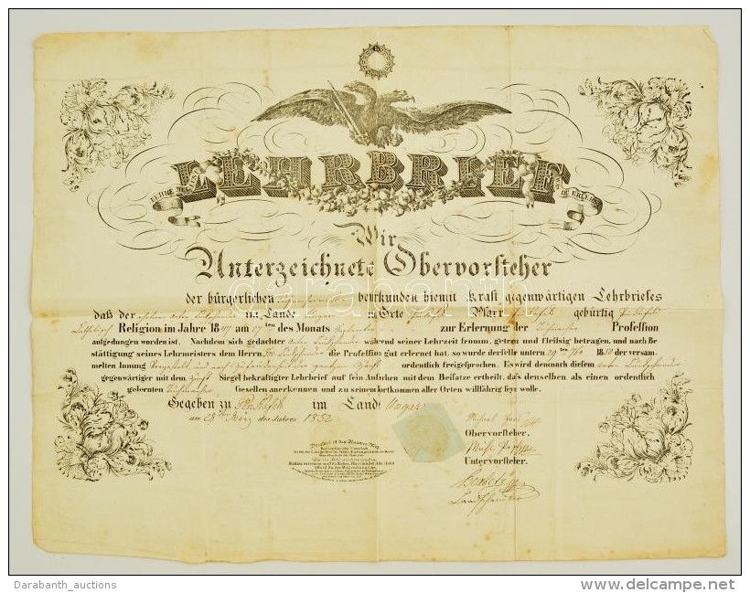 1852 Mesterlev&eacute;l PinkafÅ‘i Kov&aacute;cs R&eacute;sz&eacute;re 15kr Szignett&aacute;val / 1852 Guild Warrant... - Non Classés