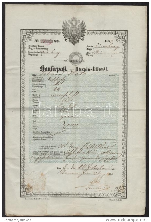 1850 H&aacute;zal&oacute; &uacute;tlev&eacute;l Sok Pecs&eacute;ttel / Peddler Passport - Non Classificati