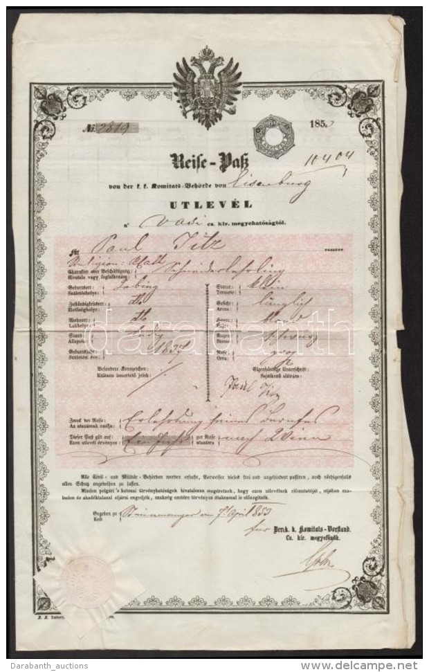 1850 &Uacute;tlev&eacute;l 6kr Szignett&aacute;val  / Passport With 6kr Signetta - Unclassified