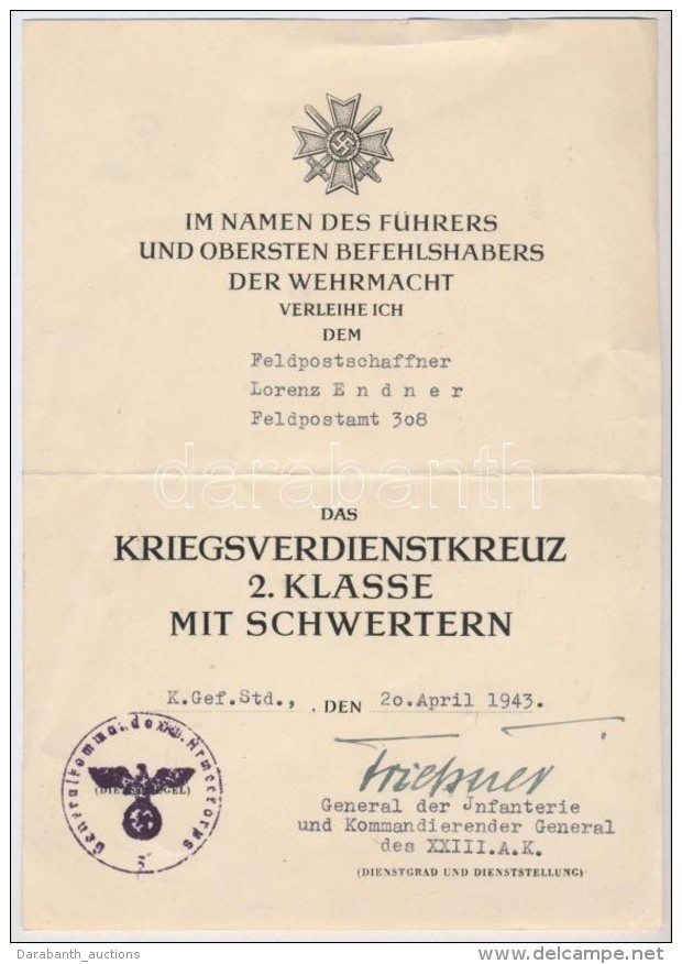 N&eacute;met Harmadik Birodalom 1943. 'H&aacute;bor&uacute;s &Eacute;rdemkereszt II. Oszt&aacute;lya Kardokkal'... - Sin Clasificación