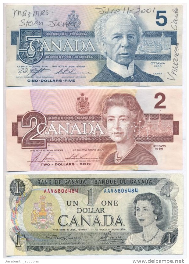 Kanada 1973. 1$ + 1986. 2$ + 5$ T:III
Canada 1973 1 Dollar + 1986. 2 Dollars + 5 Dollars C:F
Krause 85, 94, 95 - Unclassified