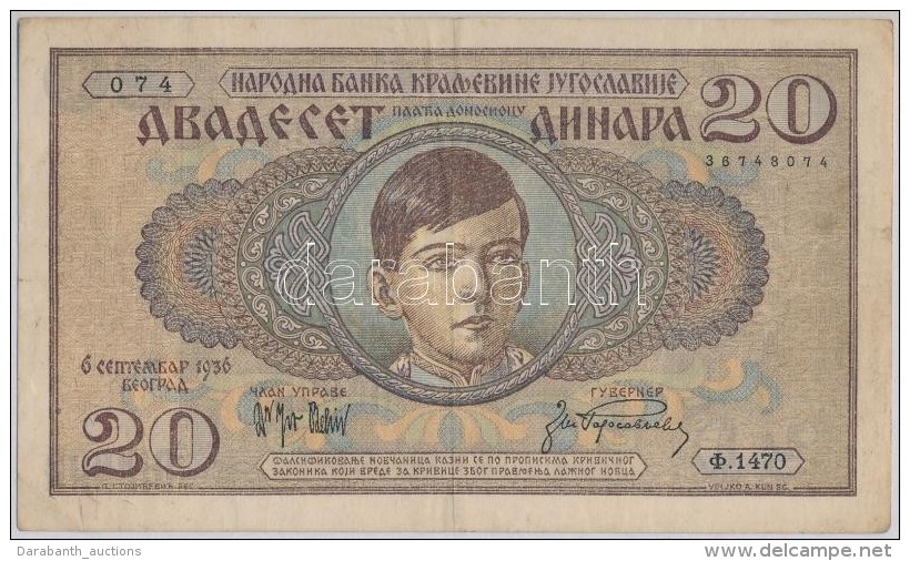 Jugoszl&aacute;via 1936. 20D T:III
Yugoslavia 1936. 20 Dinara C:F - Sin Clasificación