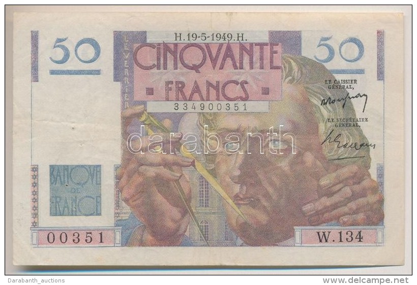 Franciaorsz&aacute;g 1949. 50Fr T:III TÅ±lyuk
France 1949. 50 Francs C:F Needle Hole
Krause 127.b - Sin Clasificación