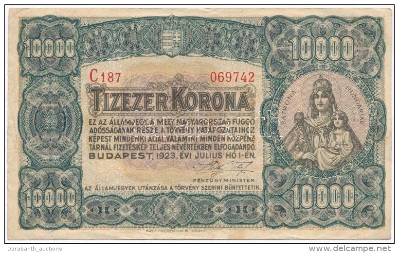 1923. 10.000K 'Magyar P&eacute;nzjegynyomda Rt. Budapest' T:III Sz&eacute;p Pap&iacute;r - Sin Clasificación