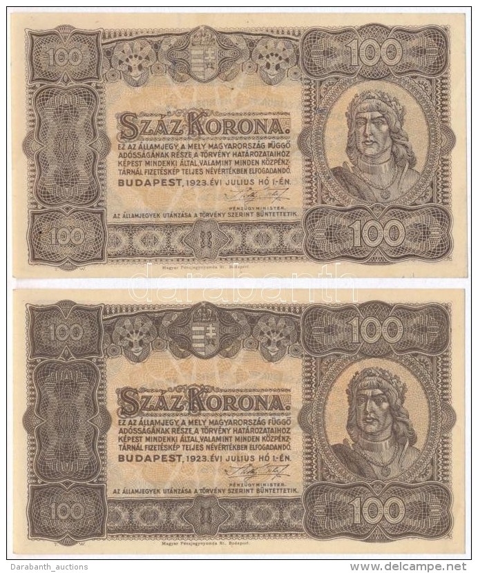 1923. 100K (2x) 'Magyar P&eacute;nzjegynyomda Rt.' Nyomdahely Jel&ouml;l&eacute;ssel T:I - Sin Clasificación