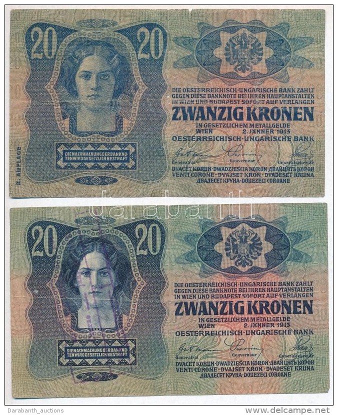 1913. 20K Hamis(?) Fel&uuml;lb&eacute;lyegz&eacute;ssel (fake Overprint?) + 20K  II. Kiad&aacute;s T:III-... - Sin Clasificación