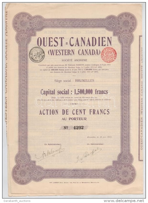 Belgium / Br&uuml;sszel 1913. 'Ouest Canadien (Western Canada) Soci&eacute;t&eacute; Anonyme' Nyugat-Kanadai... - Unclassified