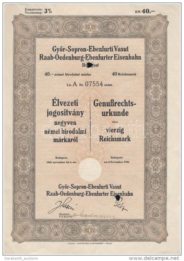 Budapest 1940. 'GyÅ‘r-Sopron-Ebenfurti Vasut' &eacute;lvezeti Jogos&iacute;tv&aacute;nya 40 N&eacute;met Birodalmi... - Unclassified