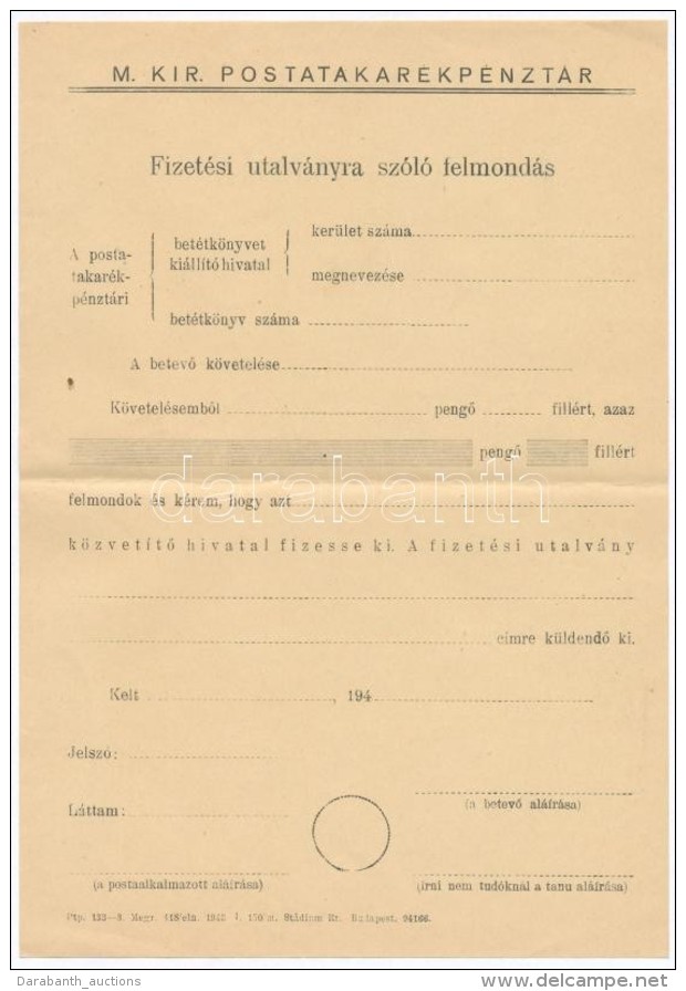 ~1940. 'Magyar Kir&aacute;lyi Postatakar&eacute;kp&eacute;nzt&aacute;r - Fizet&eacute;si Utalv&aacute;nyra... - Unclassified