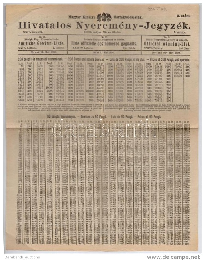 1930. 'Magyar Kir&aacute;lyi Oszt&aacute;lysorsj&aacute;t&eacute;k - XXIV. Sorsj&aacute;t&eacute;k Hivatalos... - Unclassified