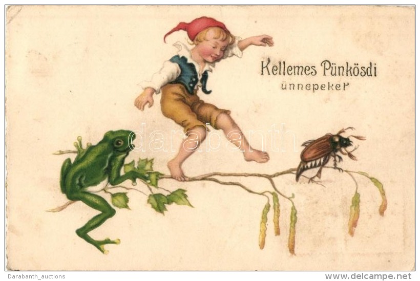 T4 Kellemes P&uuml;nk&ouml;sdi &Uuml;nnepeket! / Pentecost Greeting Card, With Boy, Frog And Chafer. Litho... - Unclassified