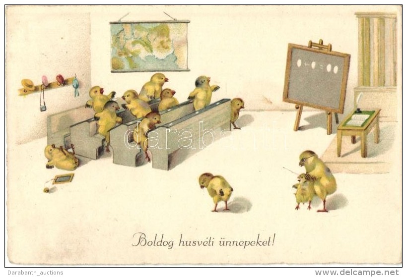 T2/T3 Boldog H&uacute;sv&eacute;ti &Uuml;nnepeket! / Easter Greeting Card, Chicken School, Humor. Litho (EK) - Non Classés