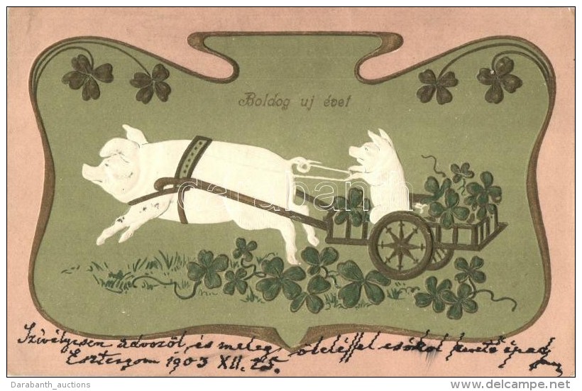 T2/T3 Boldog &Uacute;j&eacute;vet! / New Year Greeting Card, Pig Riding Pig Cart. Floral Art Nouveau Emb. Litho... - Non Classés