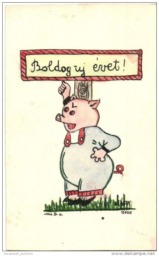 ** Boldog &Uacute;j&eacute;vet! / Pig, Hand-drawn Custom Made Postcard S: Sz&aacute;szy - Unclassified