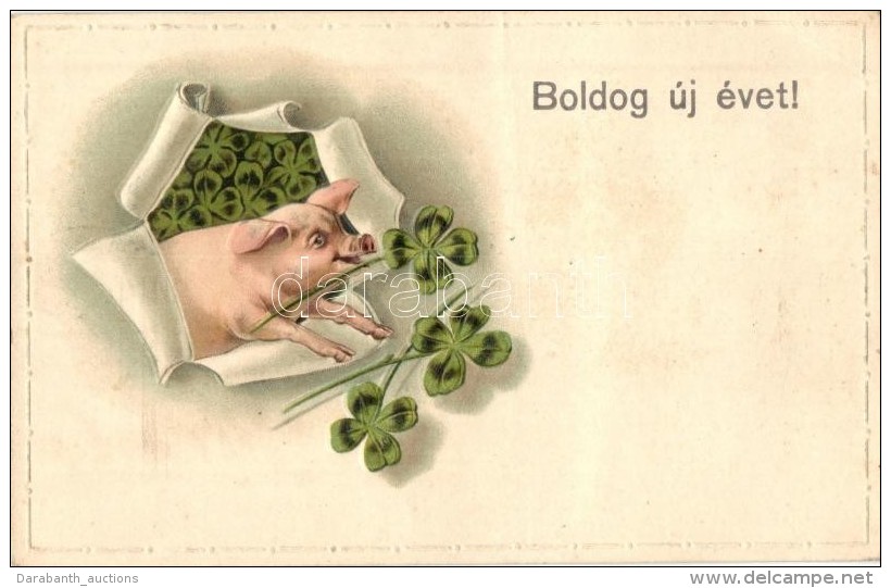 T3 Boldog &Uacute;j &Eacute;vet! / New Year, Pig With Clovers, Emb. Litho (fa) - Sin Clasificación