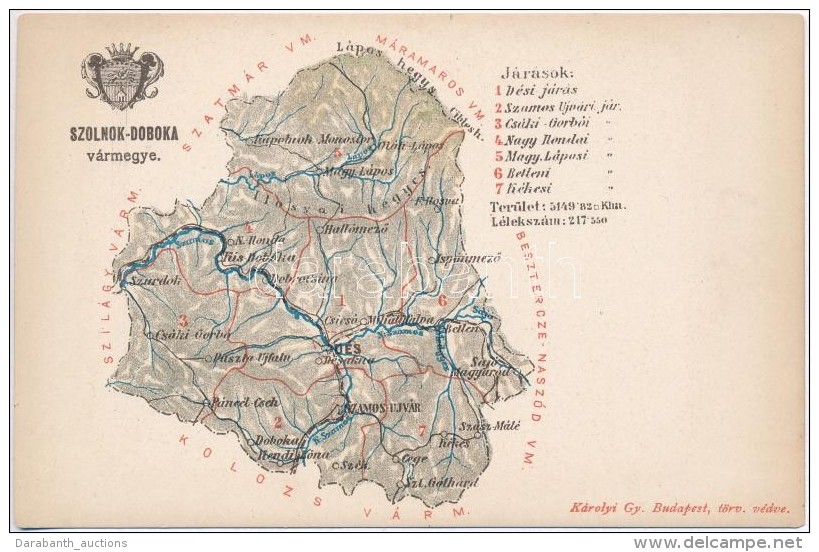 ** T2/T3 Szolnok-Doboka V&aacute;rmegye T&eacute;rk&eacute;pe; Kiadja K&aacute;rolyi Gy. / Map Of Szolnok-Doboka... - Unclassified