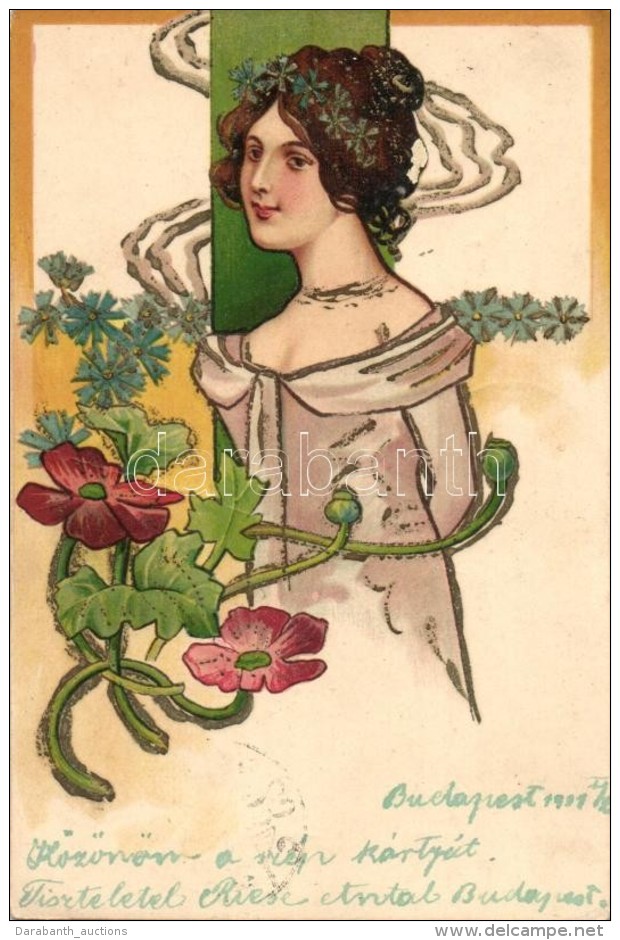 T2 Art Nouveau, Floral Litho Postcard - Unclassified