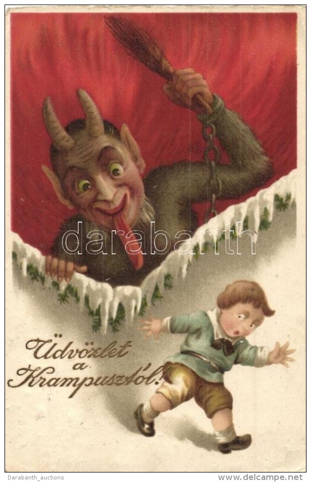 T3 &Uuml;dv&ouml;zlet A Krampuszt&oacute;l / Krampus With Child. Litho (EK) - Unclassified