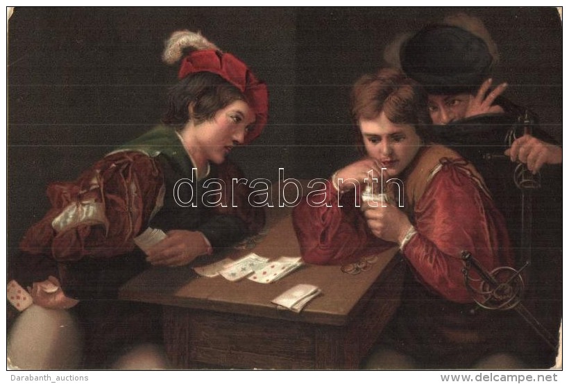 T2/T3 Der Falschspieler' / 'The Cheater' Card Game, Stengel 29723. Litho S: Michelangelo Da Caravaggio (worn... - Unclassified