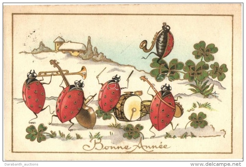 T2 Bonne Ann&eacute;e / Ladybird Bug Music Band, New Year Greeting Art Postcard - Unclassified