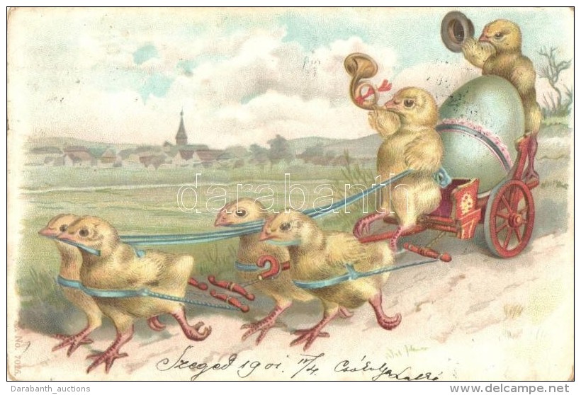 T2/T3 Chicken Cart Transporting An Egg. Easter Art Greeting Card. Litho  (Rb) - Unclassified