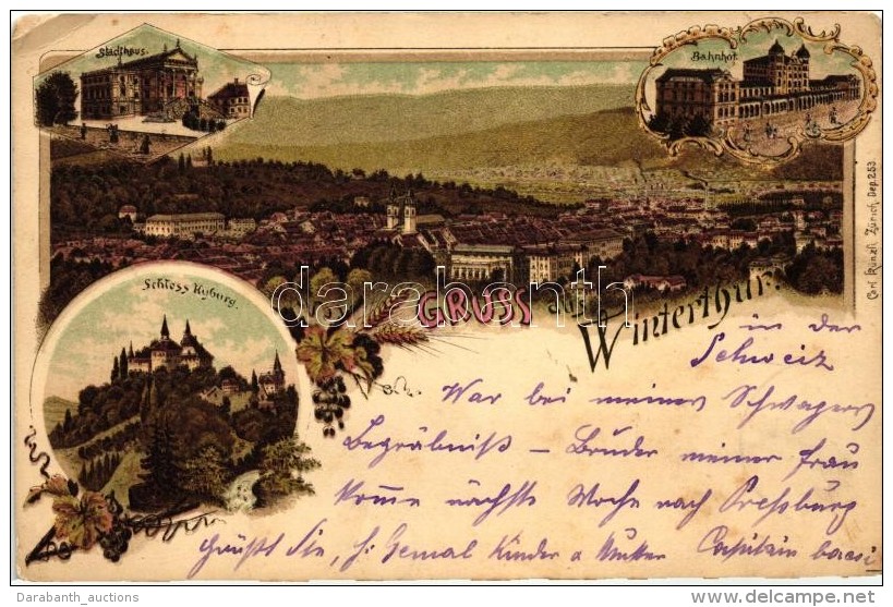 T3 1897 Winterthur, Bahnhof, Stadthaus, Schloss Kyburg / Railway Station, Town Hall, Castle, Floral Litho (EK) - Sin Clasificación