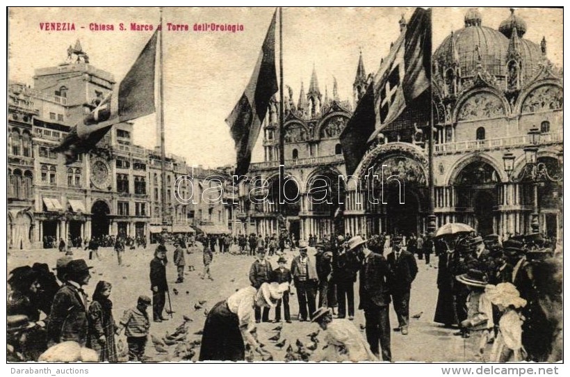 ** T1/T2 Venice, Venezia; Chiesa S. Marco, Torre Dell'Orologio / Church, Clock Toert, Pigeon Feeding Crowd - Non Classificati