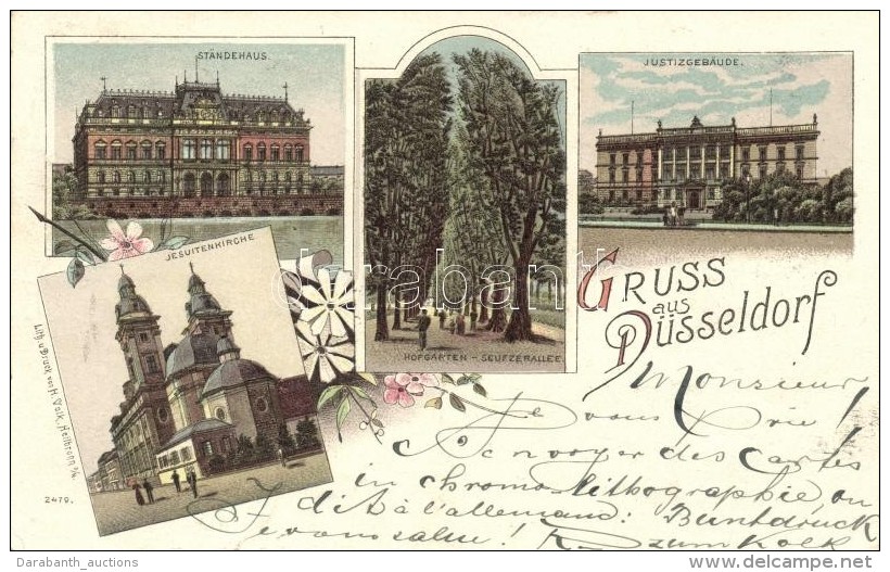 T2 1897 D&uuml;sseldorf, Justizgeb&auml;ude, St&auml;ndehaus, Jesuitenkirche / Floral Litho - Unclassified