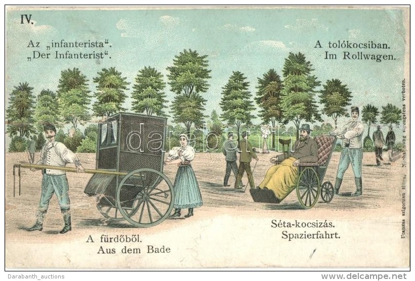 T4 P&ouml;sty&eacute;n, Piestany; Az Infanterista. A Tol&oacute;kocsiban / Spa Humour, Litho (r) - Ohne Zuordnung