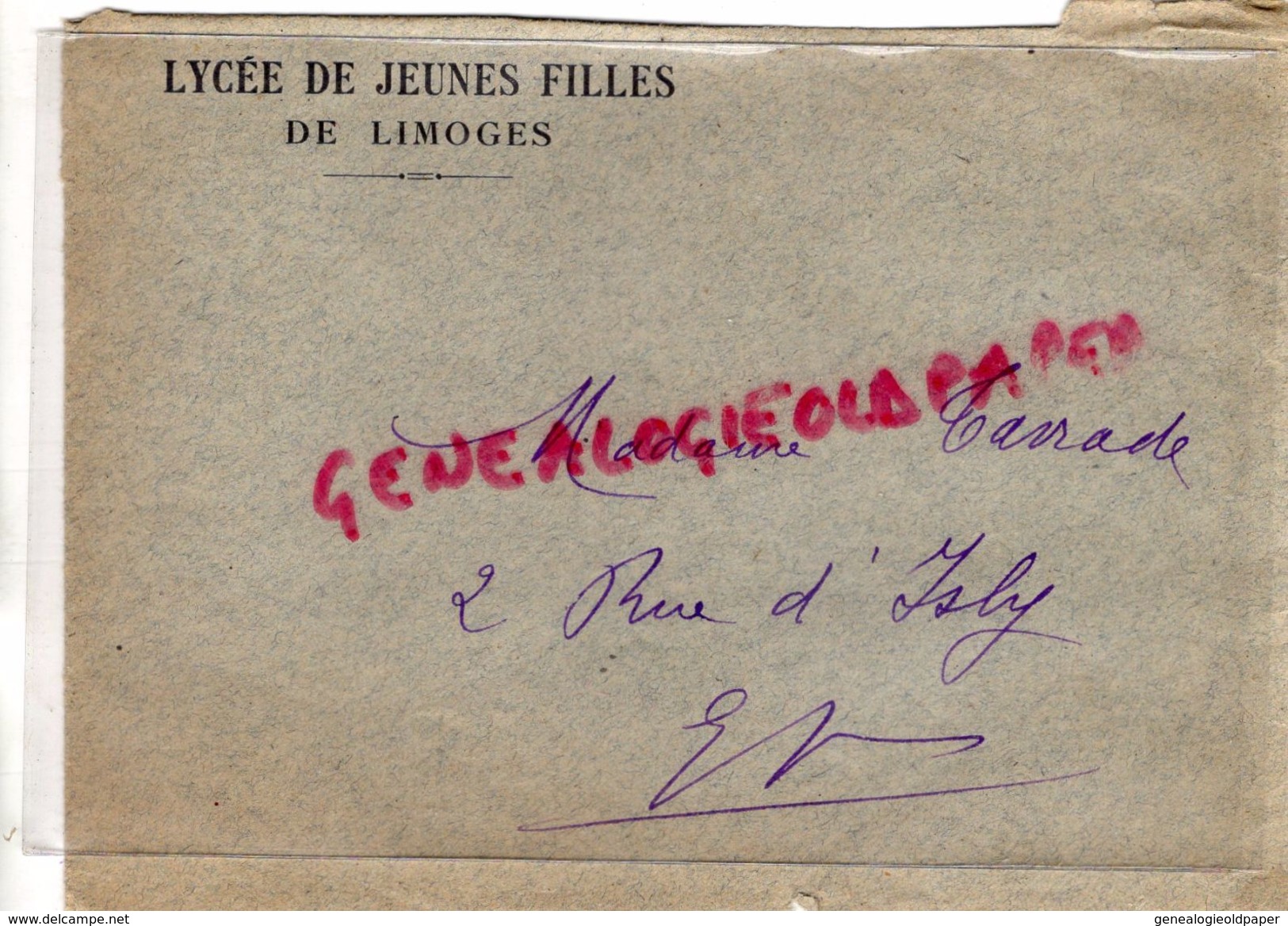 87 - LIMOGES- ENVELOPPE LYCEE DE JEUNES FILLES ECOLE - MME TARRADE 2 RUE ISLY - Historical Documents